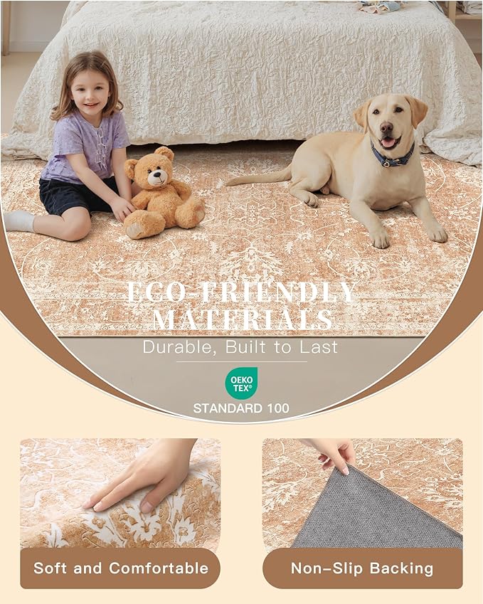 Madane Living Room 10x14 Area Rugs, Washable Low Pile Non-Slip Stain Resistant Extra Large Thin Rug, Vintage Soft Throw Carpet for Dining Room Bedroom Farmhouse Home Office (10 x 14, Jasper Orange)