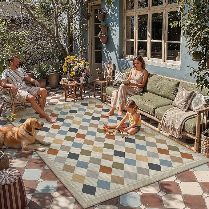 HUGEAR 8'x10' Linen-Look Checkered Outdoor Rug Waterproof Colorful Patio Outside Floor Mat Carpet for Deck Porch Balcony Backyard Camping RV Picnic Beach Area Rug Decor