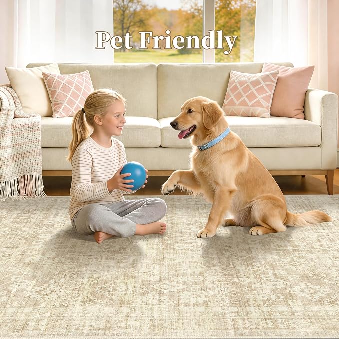 Beige 5x7 Area Rugs, Neutral Vintage Boho Carpet for Bedroom | for Living Room and Dining Room, Washable Low Pile Nursery Area Rug with Non-Slip Silicone Backing, Non-Shedding, Thin