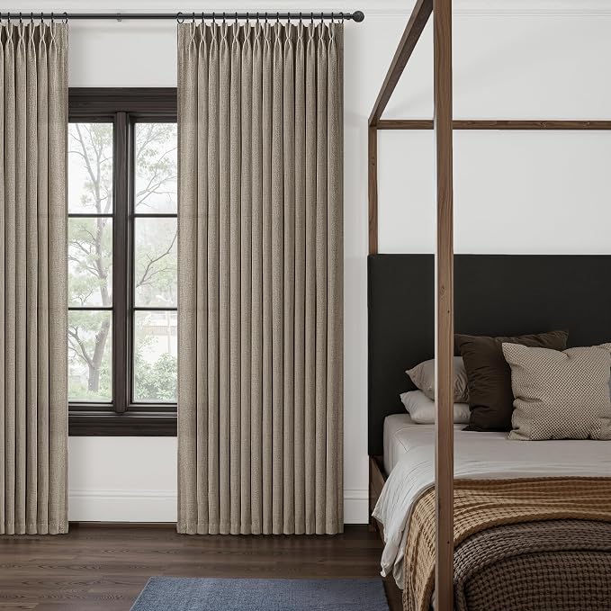 Extra Wide 70 Inch Dark Flax Light Filtering Room Divider Curtains 92 Inches Long 2 Panels Set, Memory Trained Pleated Natural Linen Privacy Semi Sheer Country 90-92 Inch Windows Drapes Brown Colored
