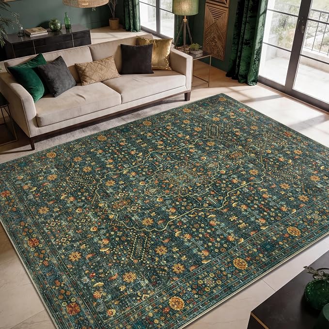 Keen Home Design 8x10 Rug - Machine Washable Area Rug with Non-Slip Backing, Ideal for Living Room, Dining Room, Bedroom - Vintage, Easy Clean, Durable, Low Pile Rug - (8' x 10')