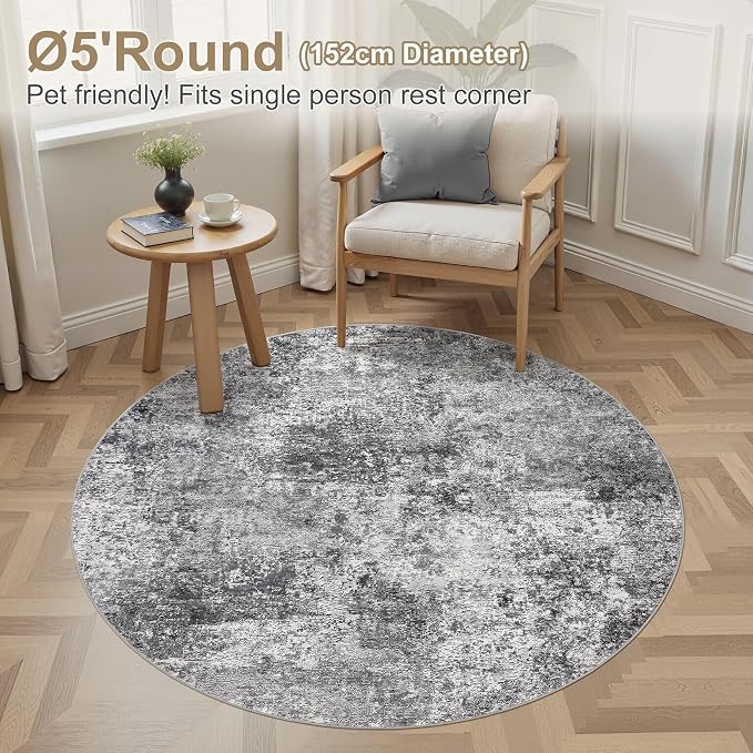 DMOYEST 5ft Round Area Rug Living Room Rugs - 5x5 Washable Large Soft Indoor Neutral Modern Abstract Low Pile Rug Carpet for Bedroom Dining Room Farmhouse Home Office - Grey