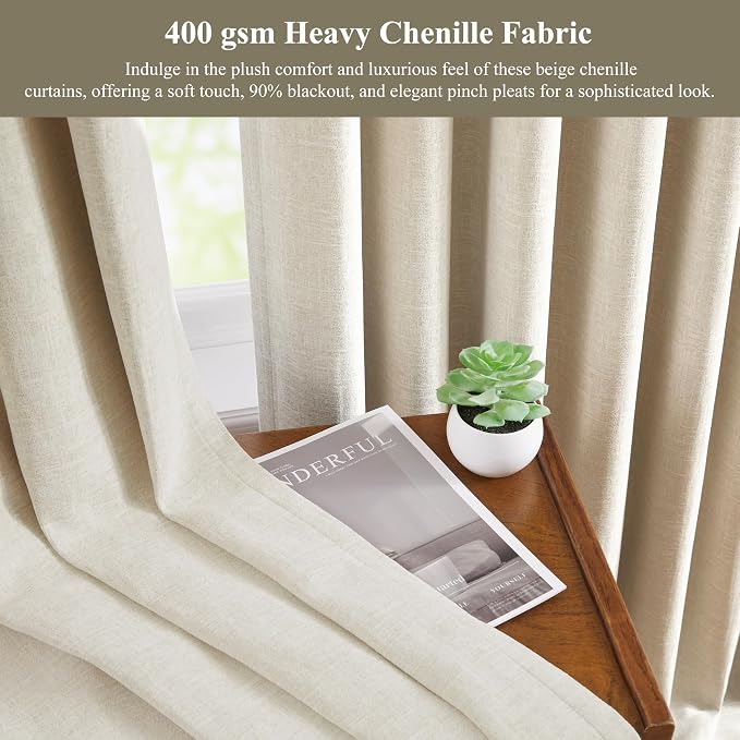 WEST LAKE 112 Inches Long Beige Chenille French Pleated 90% Blackout Curtains for Bedroom,Microfiber Lined Triple Weave Textured Heavy Drapes,Vintage Window Treatment,Back Tab,40" Wx112 L,Pack of 2
