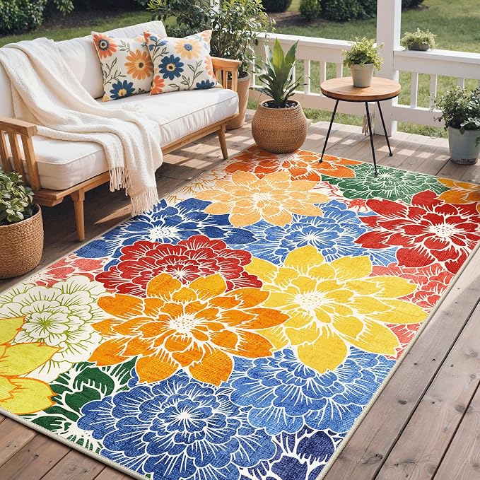 GENIMO 9x12 Outdoor Rug, Washable for Patio and Deck, Multicolor | Floral design for gazebo; lightweight chenille with quick-dry non-slip backing for indoor dining area