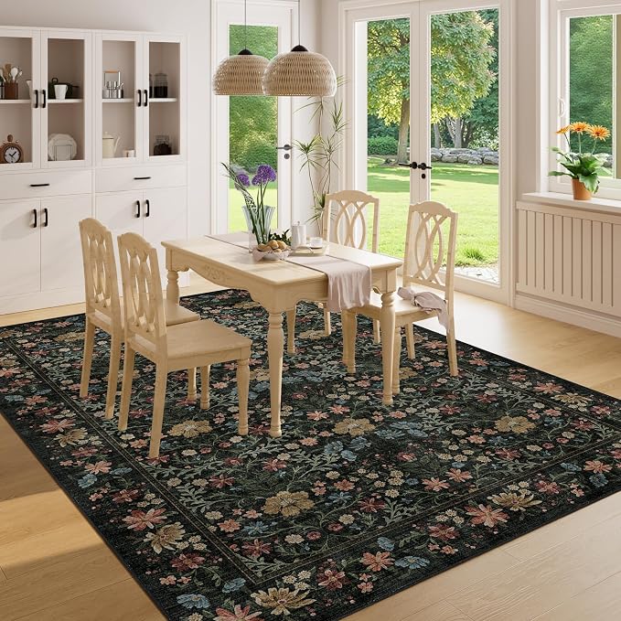 DUKINO 6x9 Area Rug, Vintage Floral Washable Rugs for Living Room, Black | Non Slip, Low Pile, Non-Shedding, Soft Indoor Large Carpet for Bedroom, Office, Dining Room, Farmhouse, Nursery, Home Decor