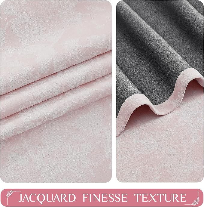 Beauoop Pink Floral Jacquard Blackout Curtains for Bedroom 52x84 2 Panels | Flower Chenille Room Darkening Drapes for Living Room 84 Inch Long Thermal Insulated Soundproof Window treatment Rod Pocket