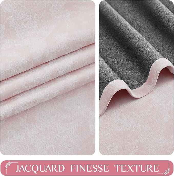 Beauoop Pink Floral Jacquard Blackout Curtains for Bedroom 52x120 2 Panels | Flower Chenille Room Darkening Drapes for Living Room 120 Inch Long Thermal Insulated Soundproof Window treatment Grommet