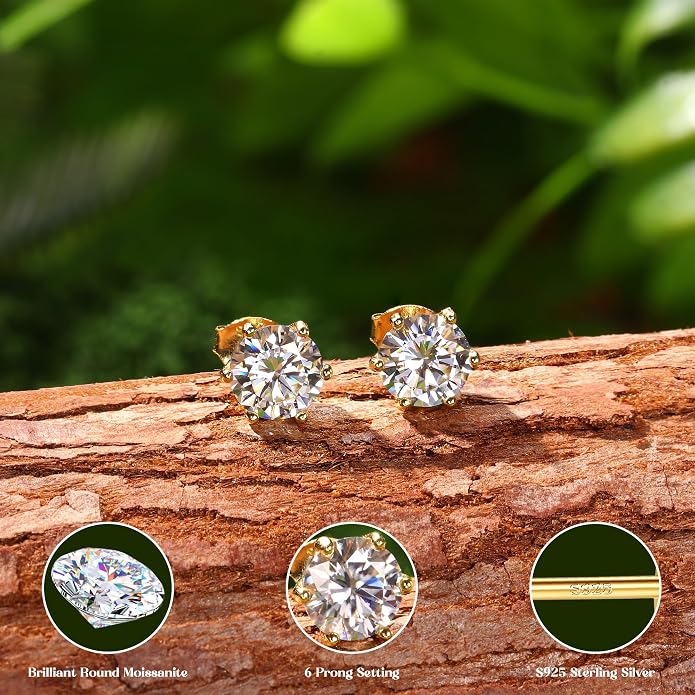 Moissanite Stud Earrings : 18K White Gold Plated Solid 925 Sterling Silver Earring Hypoallergenic Dainty Flat Back Stud Earrings Jewelry for Women Men D Color VVS1 Clarity