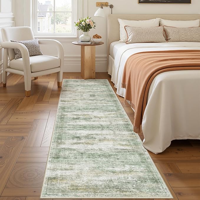 2x8 Runner Rug Non Slip,Washable Hallway Runner Rug,Green | Neutral Rugs for Kitchen,Entryway,Bedroom,Bathroom,Nursery Room,Thin,Soft Runner Rug,Stain Resistant Indoor Carpet