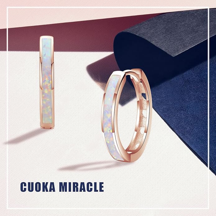 CUOKA MIRACLE 925 Sterling Silver Opal Hoop Earrings for Women - Opal Hinged Huggie Hoops, Hypoallergenic Small Hoop Earrings for Sensitive Ears, Dainty Everyday Jewelry Birthday Christmas Gift