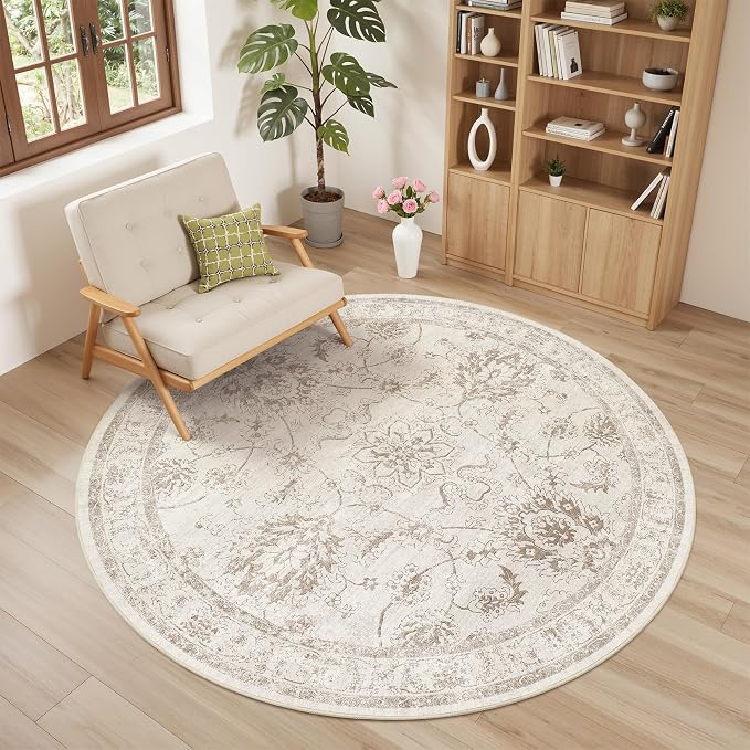 Madane Washable Round Rug 6ft for Living Room, Soft Ultra-Thin Non-Slip Vintage Floral Circle Area Rug, 6x6 Round Throw Carpet for Entryway Nursery Bedroom Kitchen Dining Room (Brown/Ivory, 6'Round)