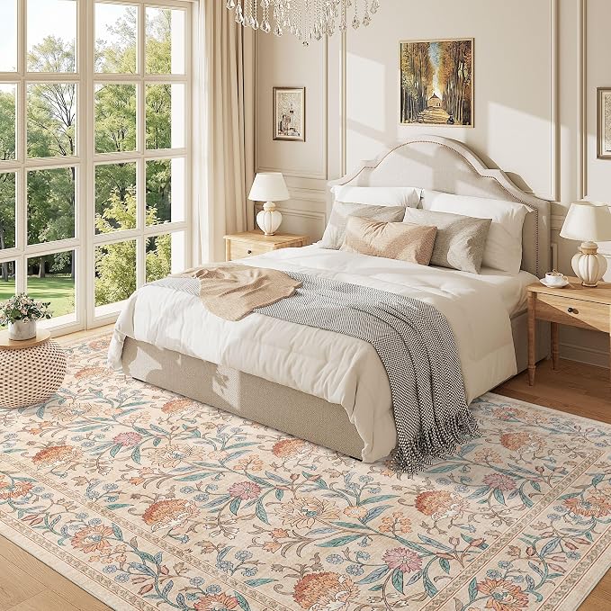 DUKINO 6x9 Area Rug, Vintage Floral Washable Rugs for Living Room, Beige | Non Slip, Low Pile, Non-Shedding, Stain Resistant Soft Large Carpet for Bedroom Home Office Dining Room Farmhouse, Home Decor