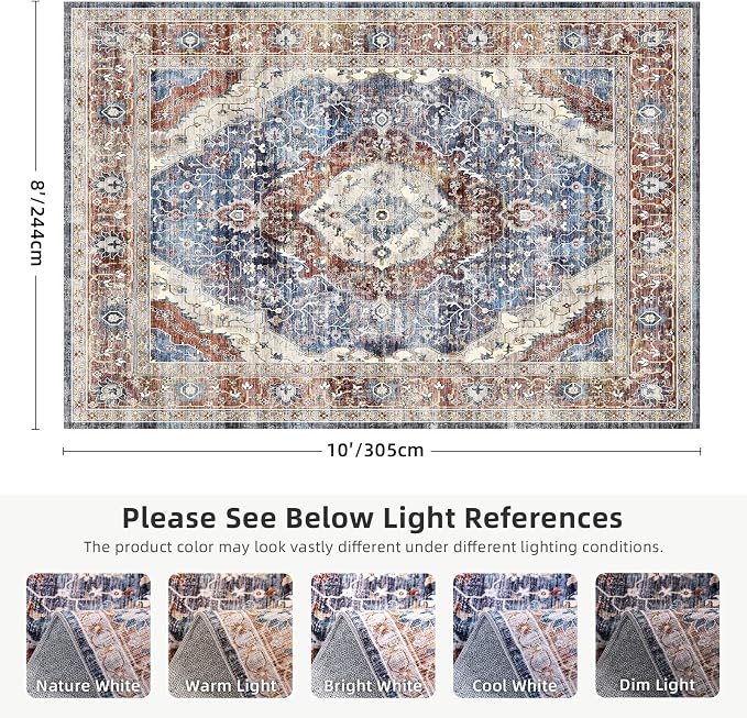Deerly Rug 8x10 Area Rug Boho Washable Rug Large Rugs for Bedroom Living Room Vintage Non-Slip Oriental Distressed Carpet Indoor Stain Resistant(Border Brown/Navy Blue)
