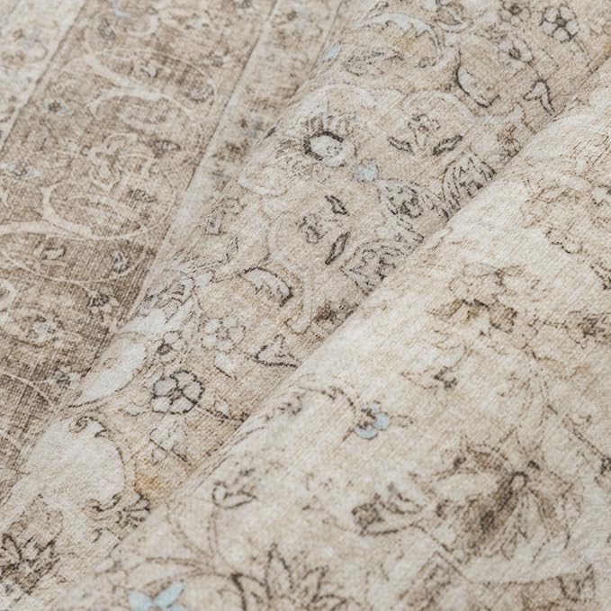 PureCozy 2x6 Washable Runner Rug Beige Vintage Traditional Oriental | Non Slip, Soft Low Pile, Hallway Carpet for Kitchen, Entryway, Laundry Room, Distressed Retro Decor