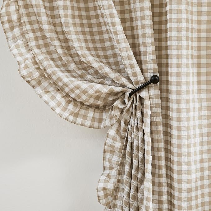 ZJDECOR 63 Inch Khaki Buffalo Plaid Ruffle Window Curtains for Bedroom | Crinkle Not-See-Through Sheer Panels,Cozy Buffalo Check Pattern Drapes,Farmhouse Window Treatment,Rod Pocket,40"Wx63"Lx2