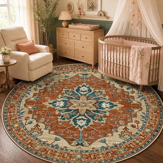 RELEANY Area Rugs Round 5ft Washable Non-Slip, Floral Vintage Distress Medallion Carpet for Living Room Bedroom Dining Room, Red Orange Blue Brown