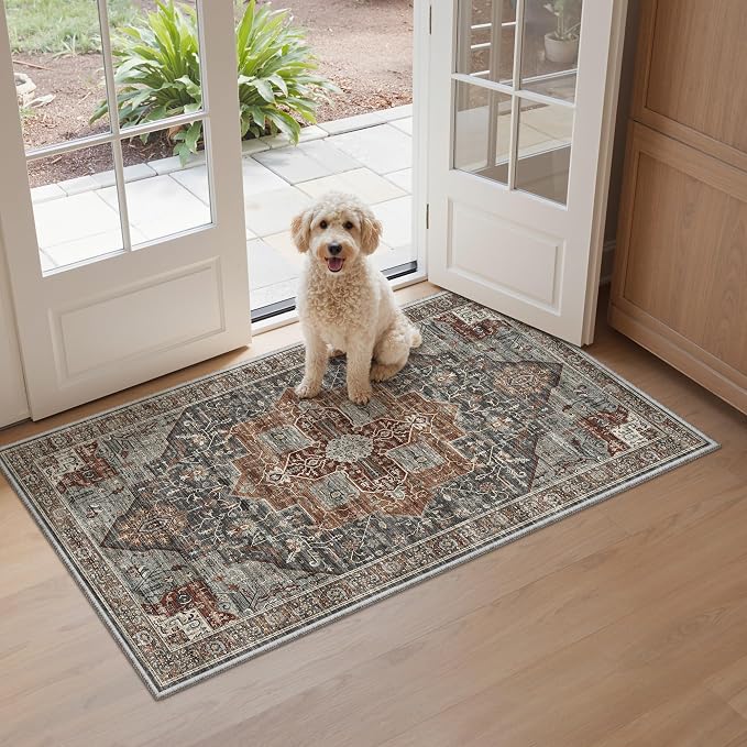 Roxstand Washable Runner Rug 2x4, Non Slip Small Rugs Grey/Brown/Tan | Low Pile Vintage Rug, Stain Resistant,Pet & Kid Friendly, Carpet for Entryway, Bedroom, Kitchen,Laundry and Bathroom