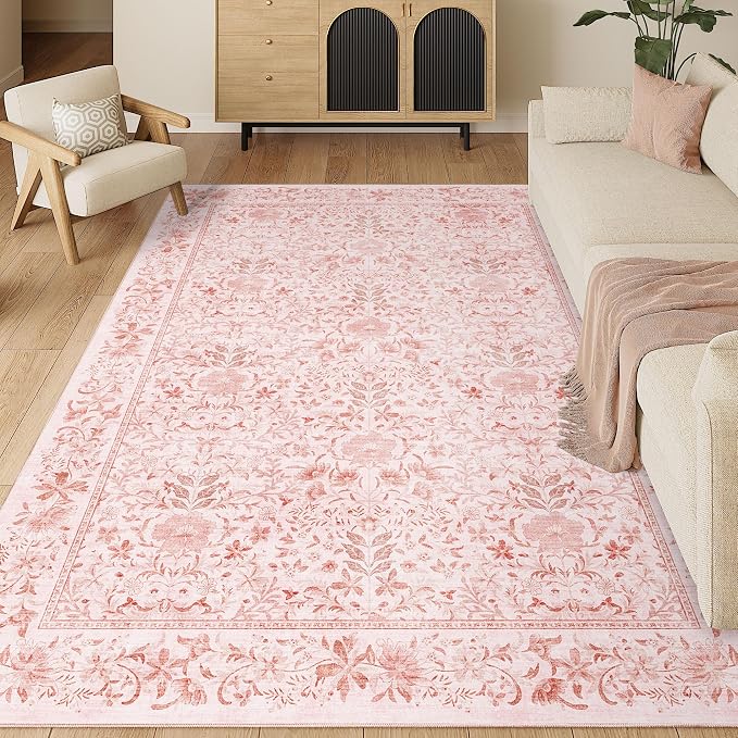 DUKINO 6x9 Area Rug, Vintage Floral Washable Rugs for Living Room, Pink | Non Slip, Low Pile, Non-Shedding, Soft Indoor Large Carpet for Bedroom, Office, Dining Room, Farmhouse, Nursery, Home Decor