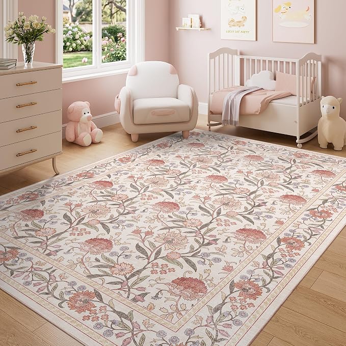DUKINO 5x7 Area Rug, Vintage Floral Washable Rug for Living Room Beige Pink | Non Slip, Low Pile, Non-Shedding, Stain Resistant Lightweight Boho Soft Carpet for Bedroom Home Office Dining Room Farmhouse