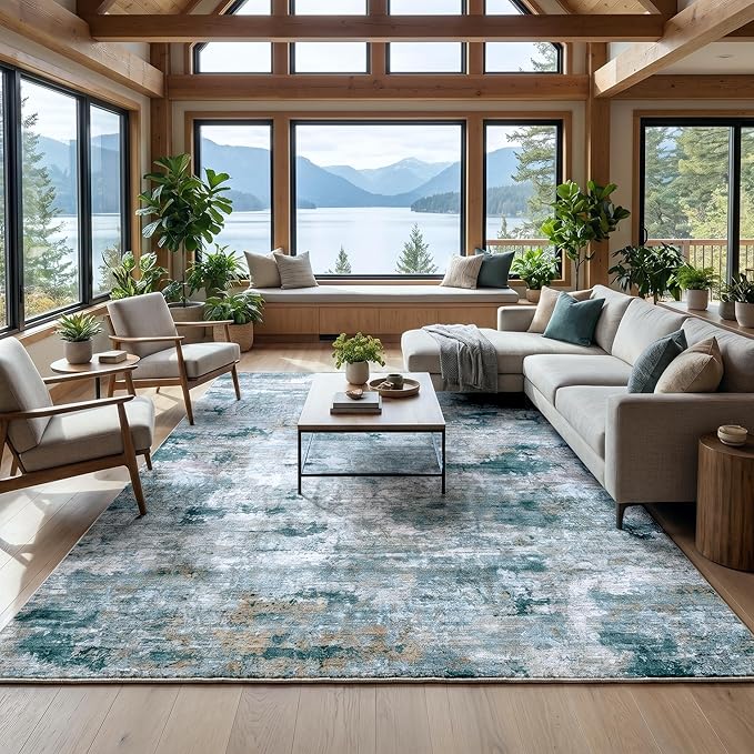8'x10' Washable Area Rugs Nature Scandi Style Water Stain Resistant 0.26 Inch Low Pile Carpet with Non-Slip Silicone Backing, Sage Green