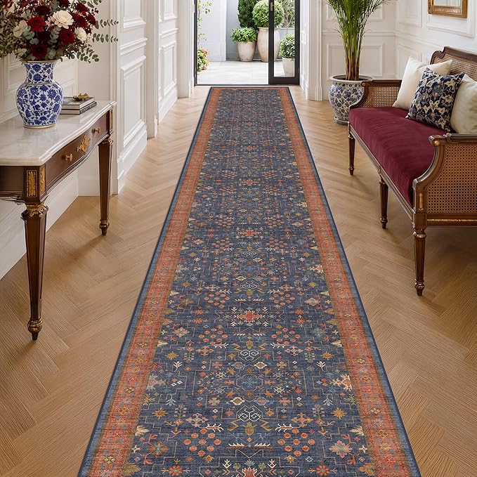 Hazo Haus Washable 3x20 Extra Long Hallway Runner Rug, Navy Blue Large Kitchen Floor Rug Indoor, Non-Slip Stain & Fade Resistant, Vintage Boho Floral Décor