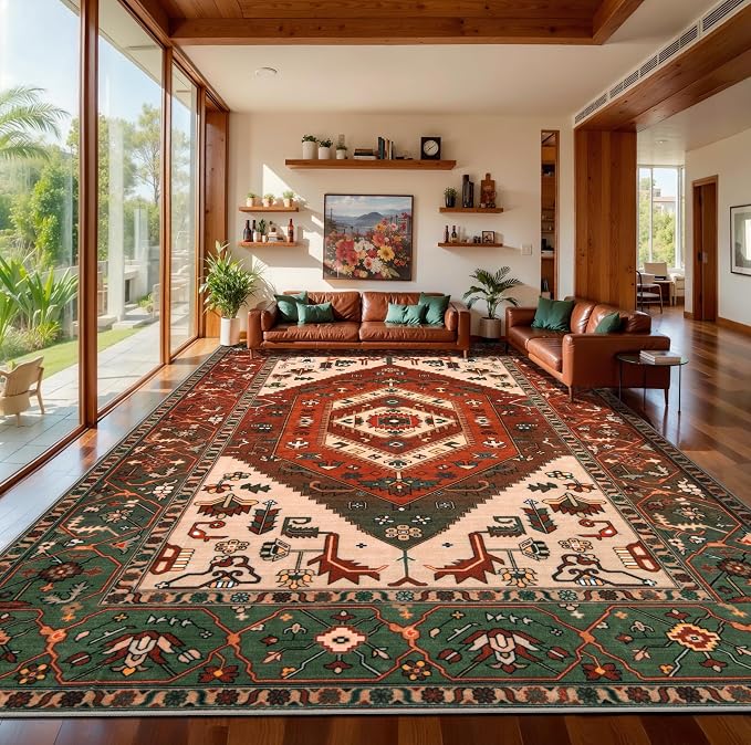 SERISSA 9x12 Area Rugs for Living Room, Large Washable Non-Slip Boho Rug, Ultra Soft Vintage Terracotta Green Oriental Tribal Print Distressed Carpet for Dining Room Bedroom Dorm Office Home Decor