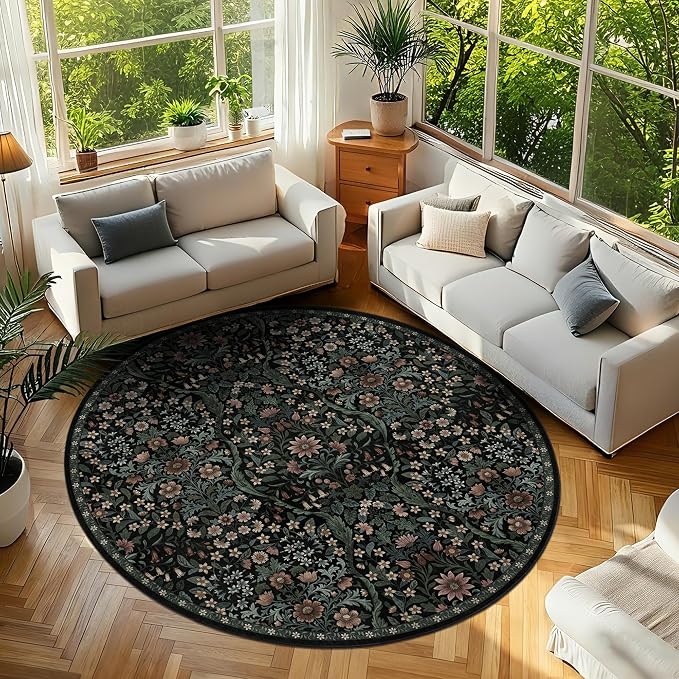 Round Rug 7ft Black Washable Floral Circle Rug,Vintage Boho Botanical Round Area Rugs, Non-Slip Soft Low-Pile Circular Carpet for Bedroom,Kids Room,College Dorm,Home Decor