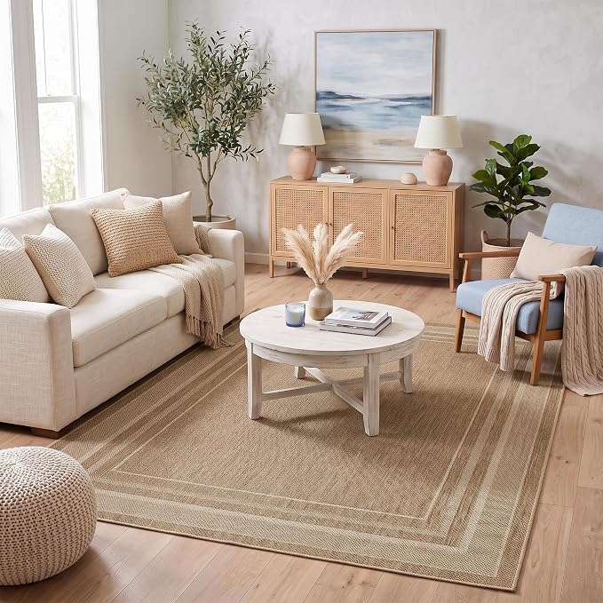 GarveeHome 9x12 Large Area Rug for Living Room Easy Jute Modern Rugs | Non Slip Low Pile Neutral Bordered Solid Tan Dining Room Rugs Washable Carpet for Bedroom Home Office Decor, Jute