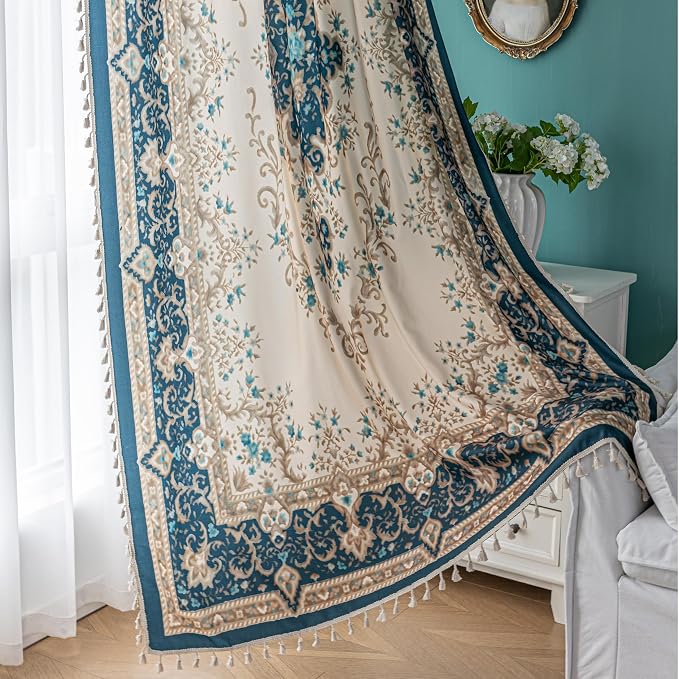 Teal Medallion Curtains 102 Inches Long, Boho Farmhouse Light Filtering Rod Pocket Drapes with Tassel Trim for Bedroom Living Room, 2 Panels