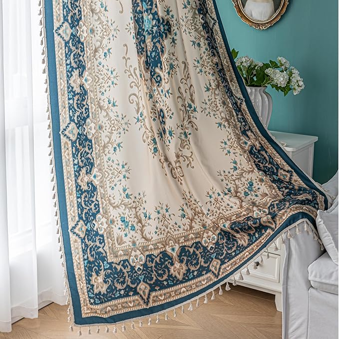 Teal Medallion Curtains 84 Inches Long, Boho Farmhouse Light Filtering Rod Pocket Drapes with Tassel Trim for Bedroom Living Room, 2 Panels