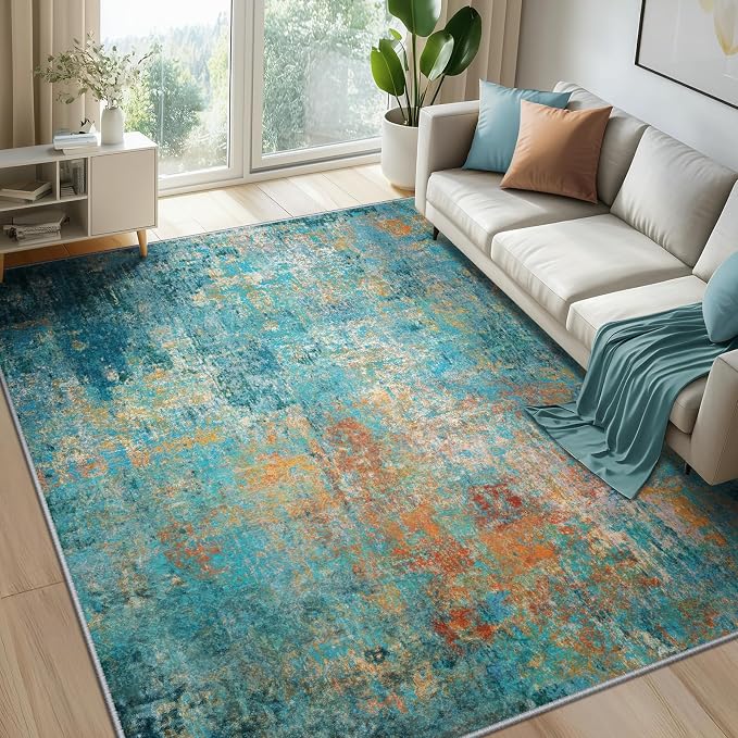 RELEANY Washable Area Rugs 7'x9' Non-Slip Modern Abstract Soft for Living Room Entryway Bedroom Kitchen, Print Pattern, Teal Blue Green Orange Rust Red Coloreful