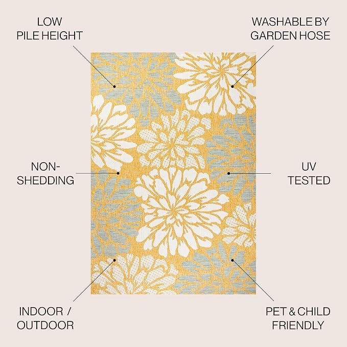 JONATHAN Y Floral Textured Weave Indoor Outdoor Area Rug 9X12 Yellow/Cream, Zinnia Modern for Backyard, Patio, Porch, Easy-Cleaning, High Traffic, Pet-Friendly, Non-Shedding (SMB110G-9)
