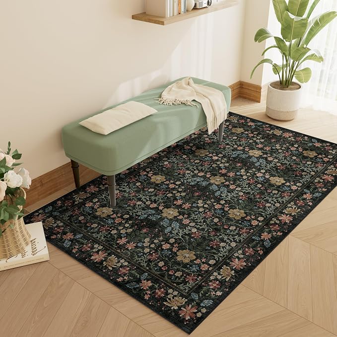 DUKINO 3x5 Rug, Washable Vintage Floral Bedroom Area Rug Non Slip, Black | Low Pile, Non-Shedding, Aesthetic Lightweight Soft Indoor Small Carpet for Bathroom Entryway Living Room Office Farmhouse