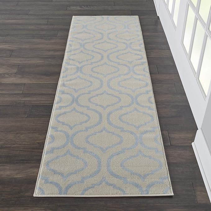 Nourison Home Jubilant Trellis Ivory/Blue 2'3" x 7'3" Area -Rug, Easy -Cleaning, Non Shedding, Bed Room, Living Room, Dining Room, Kitchen (2x7) )