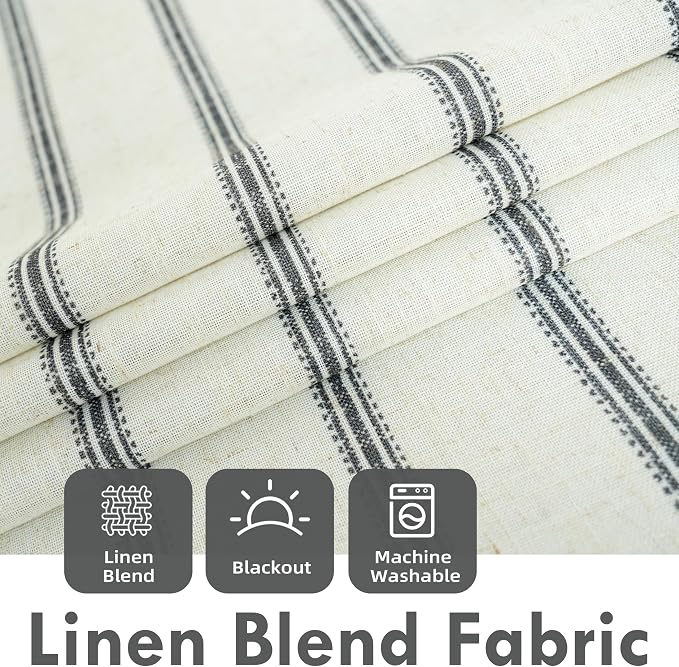 DriftAway Farmhouse Linen Stripe Blackout Curtains, W52xL63, Black | Blackout, Linen Texture, Stripe Pattern, Rod Pocket & Back Tab, Two Layers, Bedroom Living Room Use, Sound Reducing Design