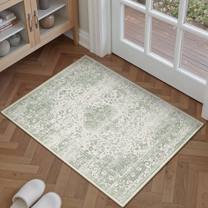 HUGEAR Green 2x3 Area Rug Washable for Entryway Soft Vintage Rug Carpet Non-Shedding & Non-Slip Indoor Home Decor Living Room Bedroom Dining Room Laundry Kitchen Low Pile Floor Mat
