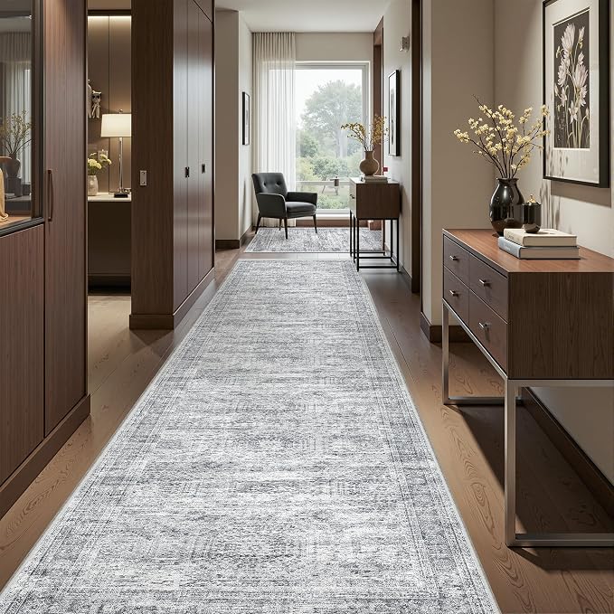 2'6 x 12' Runner Rug Non Slip,Washable Kitchen Rugs,Grey | Carpet Runners for Hallway 12ft,Entryway,Bedroom,Living Room,Thin,Soft, Long Rug,Stain Resistant Indoor Carpet
