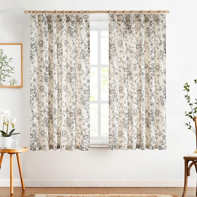 jinchan Pinch Pleated Curtains Floral Linen Blend Curtains for Living Room 63 Inch Length Black Peony Flower Printed Curtain Rod Pocket Back Tab Farmhouse Pinch Pleat Drapes with Hooks Set 2 Panels