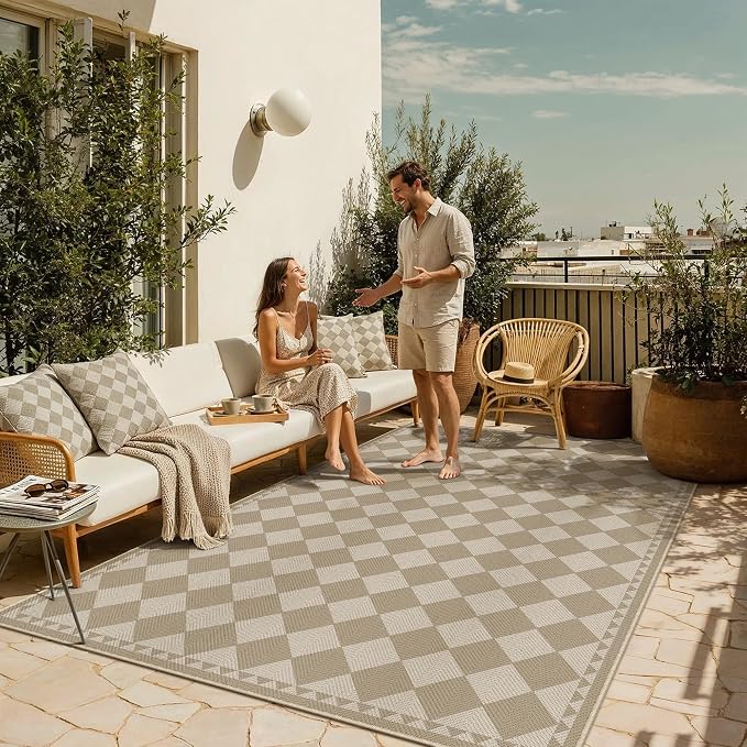 HUGEAR 5x8 Outdoor Rug Brown/Beige Linen-Look Fabric Checkered Area Rug High Traffic Stain Resistant Easy Clean Durable Rugs for Indoor/Outdoor Patio Deck Balcony Porch Garden Courtyard