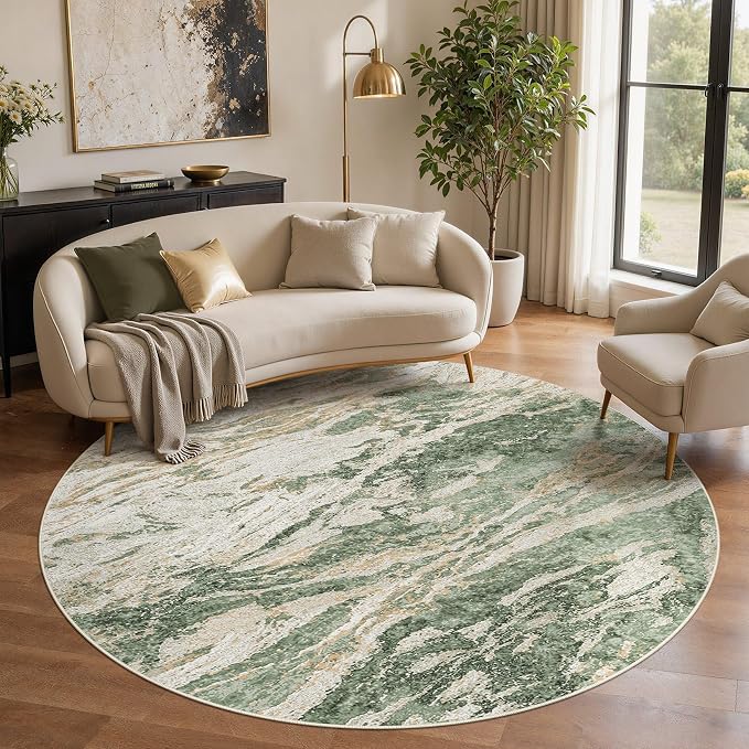 Area Rugs for Living Room: 6ft Round Abstract Washable Rug Modern Neutral Large Soft Stain Resistant Non-Slip for Bedroom Dining Room Indoor Home Office Carpet - Green Brown