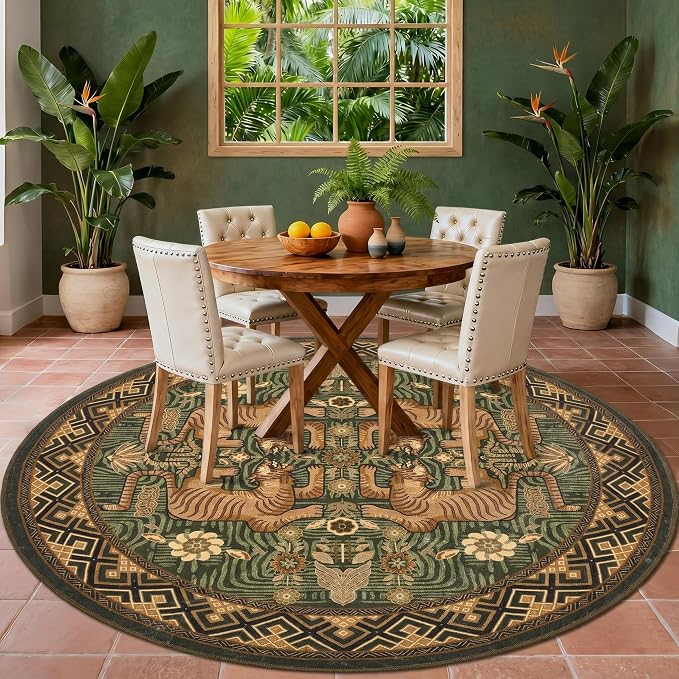 GarveeHome Tiger Round Area Rugs for Kids Room, 6ft Boho Green Animal Print Circle Rugs Non Slip, Washable Vintage Tribal Floor Carpet for Dining Room Entryway Nursery Playroom Office