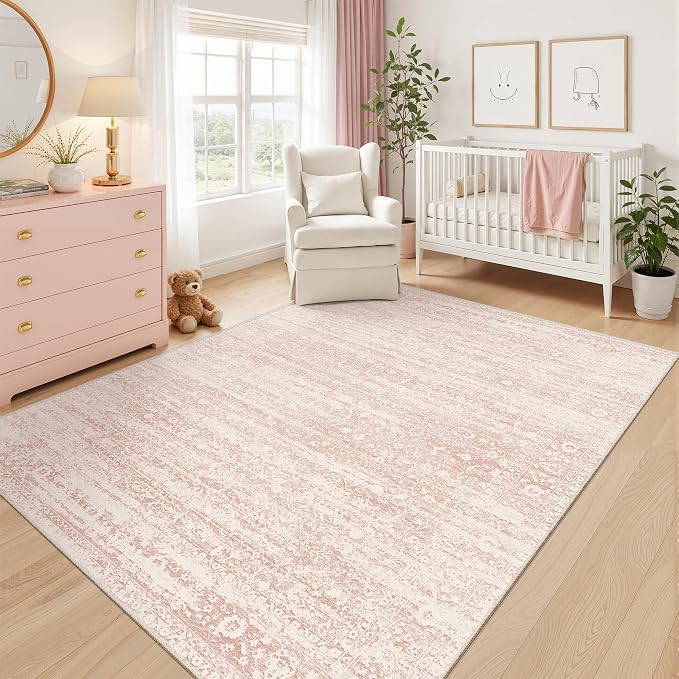 Soalmost Pink 6x9 Area Rugs for Baby Girl Nursery, Washable Soft Rugs | Vintage Floral Non-Slip Low Pile Throw Carpet for Living Room Dining Room Bedroom Kids Playroom 6'x9'