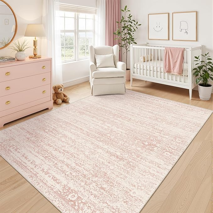 Soalmost Pink 5x7 Area Rugs for Baby Girl Nursery, Washable Soft Rugs | Vintage Floral Non-Slip Low Pile Throw Carpet for Living Room Dining Room Bedroom Kids Playroom 5'x7'