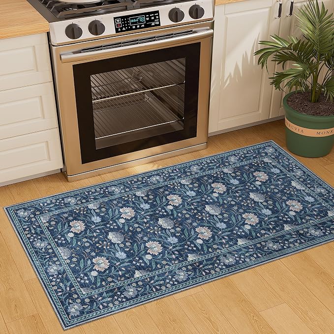 DUKINO 2x4 Rug, Washable Vintage Floral Entryway Rug Non Slip, Dark Blue | Low Pile, Non-Shedding, Stain Resistant Boho Lightweight Soft Indoor Carpet for Kitchen Bathroom Hallway Laundry Farmhouse