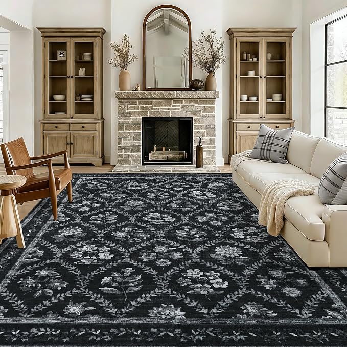 Black Floral 8x10 Area Rugs for Living Room, Black and White Bedroom Rug Boho Low-Pile Dining Room Washable Carpet 8x10, Vintage Soft Indoor Non-Slip Floor Carpet Nursery Kids Playroom
