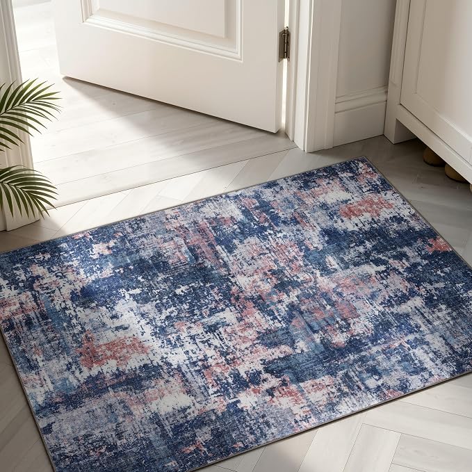 Sasttie 2x3 Area Rug for Entryway, Washable Modern Abstract Small Carpet for Living Room Bedroom Door-mat, Soft Entry Rug with Non-Slip Backing, Pink and Blue