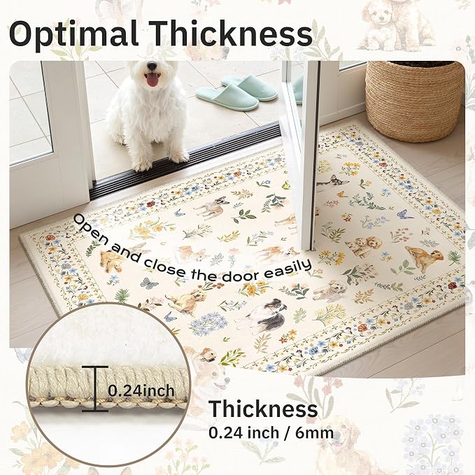 Soalmost Dog 5x7 Area Rugs for Living Room, Washable Animal Soft Rug Beige | Floral Vintage Non-Slip Low Pile Cute Throw Rugs for Kitchen Dining Room Bedroom Nursery Playroom 5' x 7'