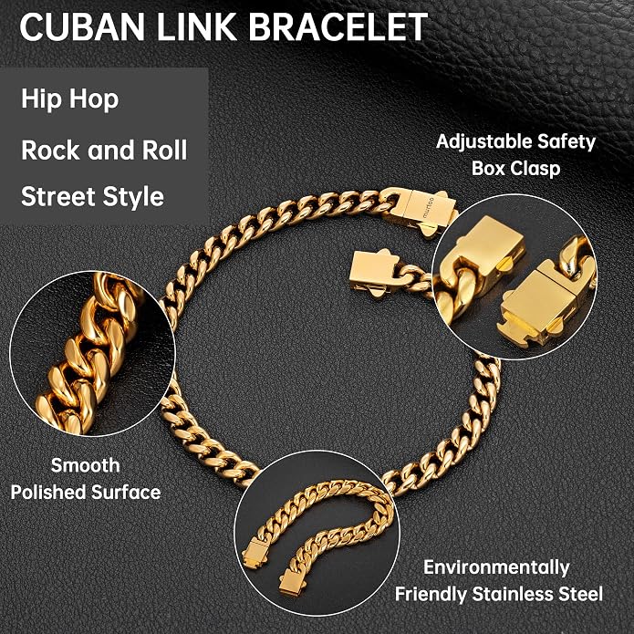 murtoo Mens Cuban Link Chain Bracelet, 6/8/12MM Stainless Steel Bracelets for Men Silver Black Gold, Hip Hop Link Bracelet with Detachable Clasp Gift for Men Him
