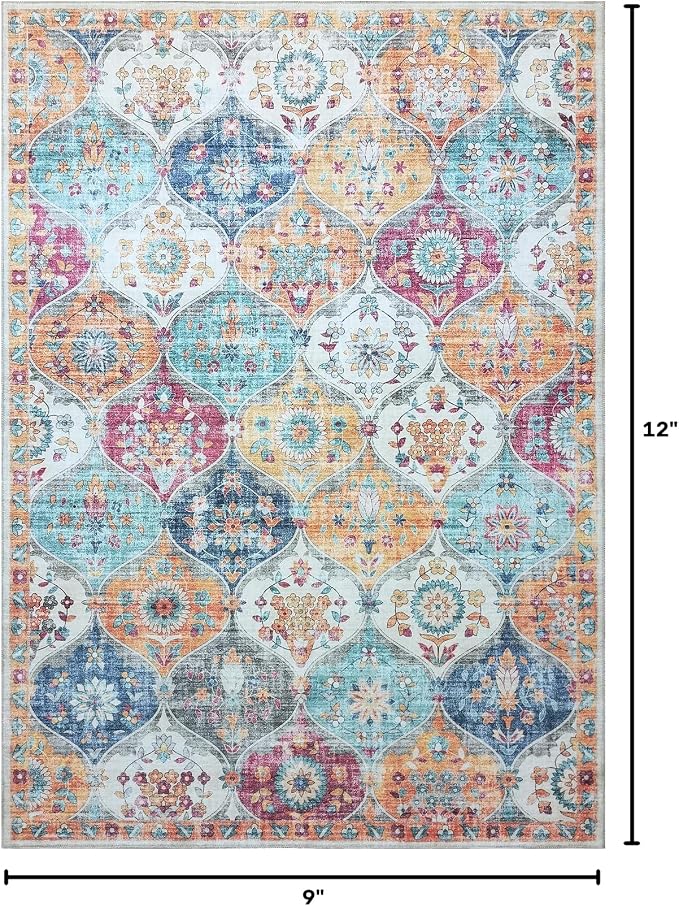 Mandala - Machine Washable Area Rugs 9' x 12', Stain Resistant, Durable Polyester Material, Patterned & Colorful Rug, Bedroom & Living Room Rug, Room & Modern Home Decor - Orange & Multi
