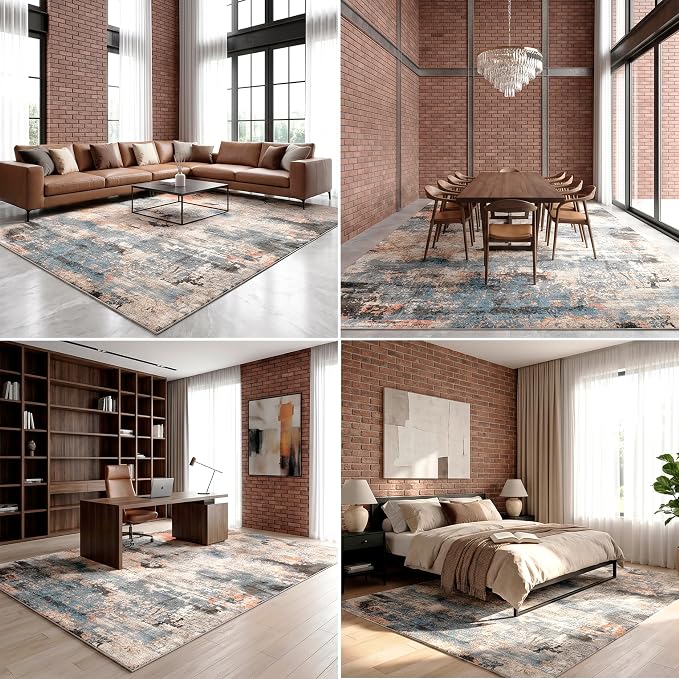 9'x12' Extra Large Transitional Abstract Area Rug, Pet-Friendly Contemporary Soft Washable Carpet, 0.3" Low Pile Stain Resistant Indoor Rug for Living Room Bedroom, Terracotta Blue